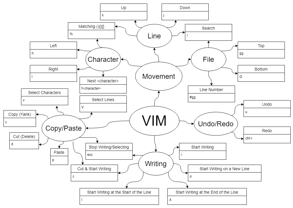 Graph with VIM in the center; branching off are Movement, Undo/Redo, Copy/Paste, and Writing; branching off of Undo/Redo are Undo with u and Redo with control r; branching off of Copy/Paste are Select Lines with Shift-V, Select Characters with v, Copy (Yank) with y, Cut (Delete) with d, Paste with p, Cut & Start Writing with c, and Stop Selecting with escape; branching off of Writing are Start Writing with i, Start Writing at the Start of the Line with Shift-I, Start Writing at the End of the Line with Shift-A, Cut & Start Writing with c, and Stop Writing with escape; branching off of Movement are File, Line, and Character; branching off of File are Top with gg, Bottom with Shift-G, Line Number with number-gg, and Search with /; branching off of Line are Search with /, Down with j, Up with k, and Matching Brackets or Parentheses with %; and branching off of Character are Matching Brackets or Parentheses with %, Left with h, Right with l, and Find Next character with f followed by that character