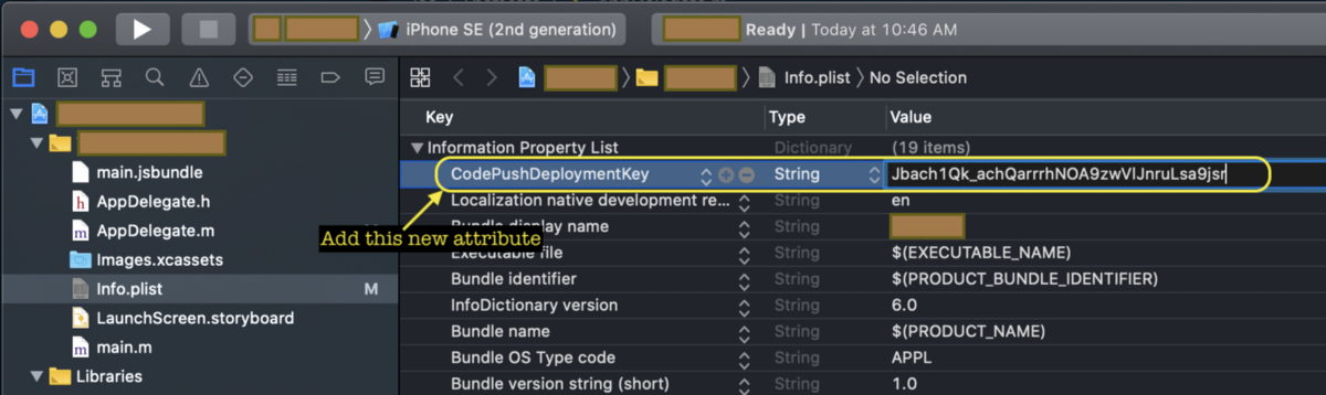 Add CodePush Production Deployment Key as a new attribute to Plist, use your own