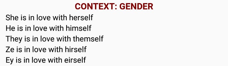 All five genders have their appropriate pronouns
