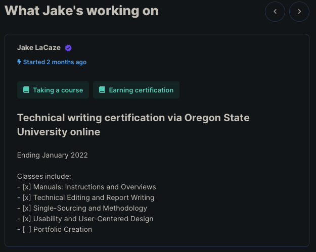 Screenshot of Jake LaCaze's current projects on Polywork