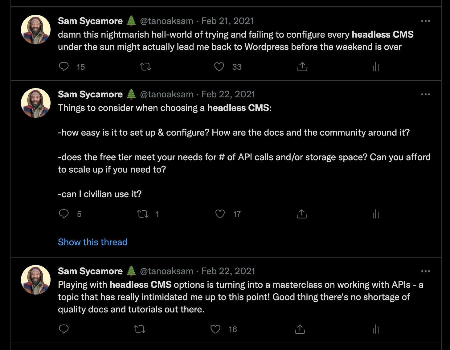 Screen Shot of tweets from tanoaksam on the topic of headless CMS