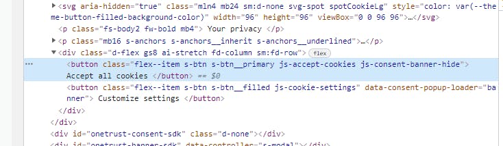 Stackoweflow source code part for accept cookie button