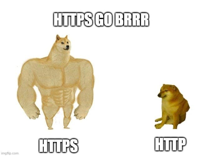 HTTPS GO BRRR - jacked shibe labelled HTTPS, sad shibe labelled HTTP