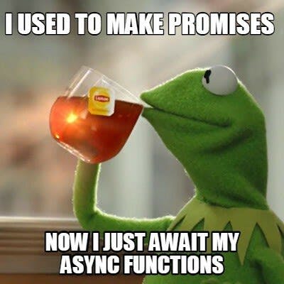 Kermit sipping tea, captioned "I used to make Promises, now I just await my async functions"