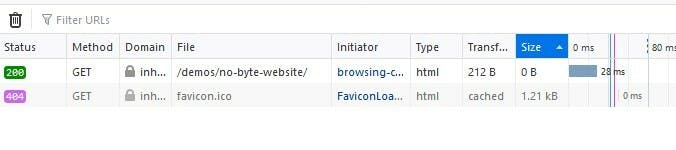 FireFox network tab showing a 0KB HTML file