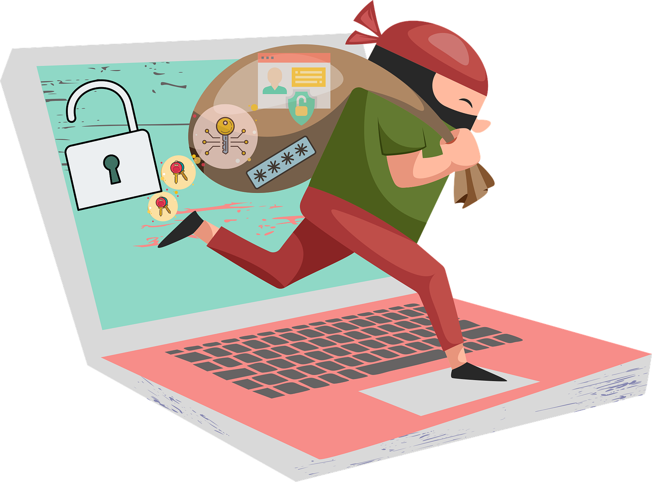 Illustration of a person running away from a laptop while carrying a sack that illustrates user keys and passwords