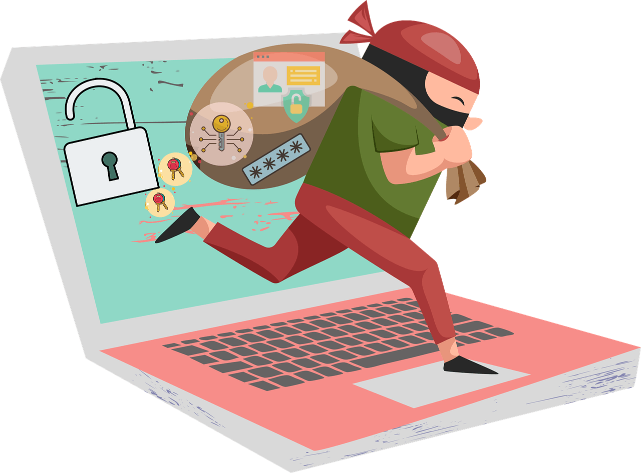 Illustration of a person running away from a laptop while carrying a sack that illustrates user keys and passwords