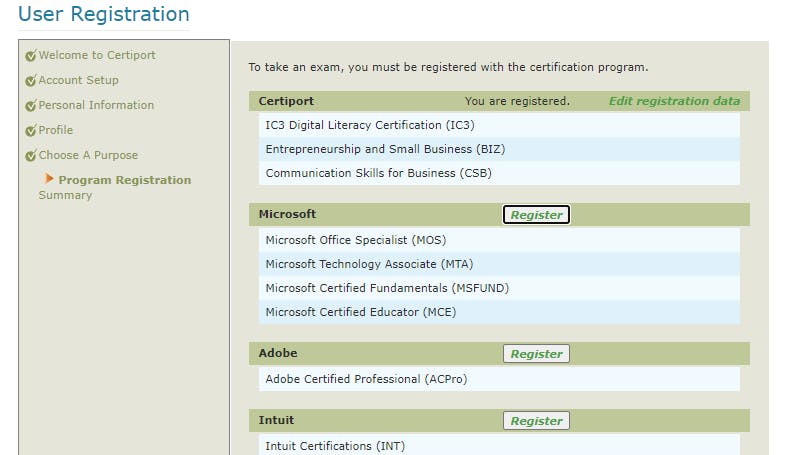Certiport program registration page
