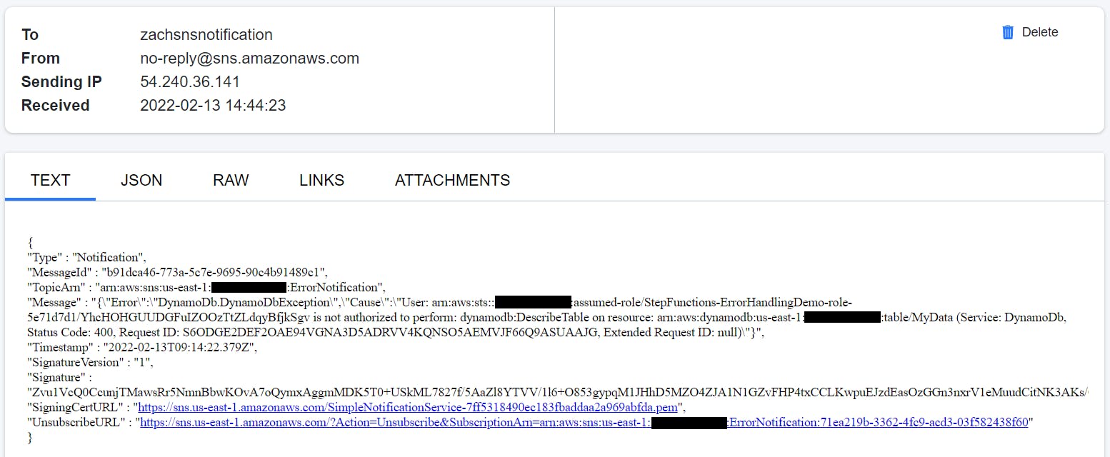 JSON based email received with error description.