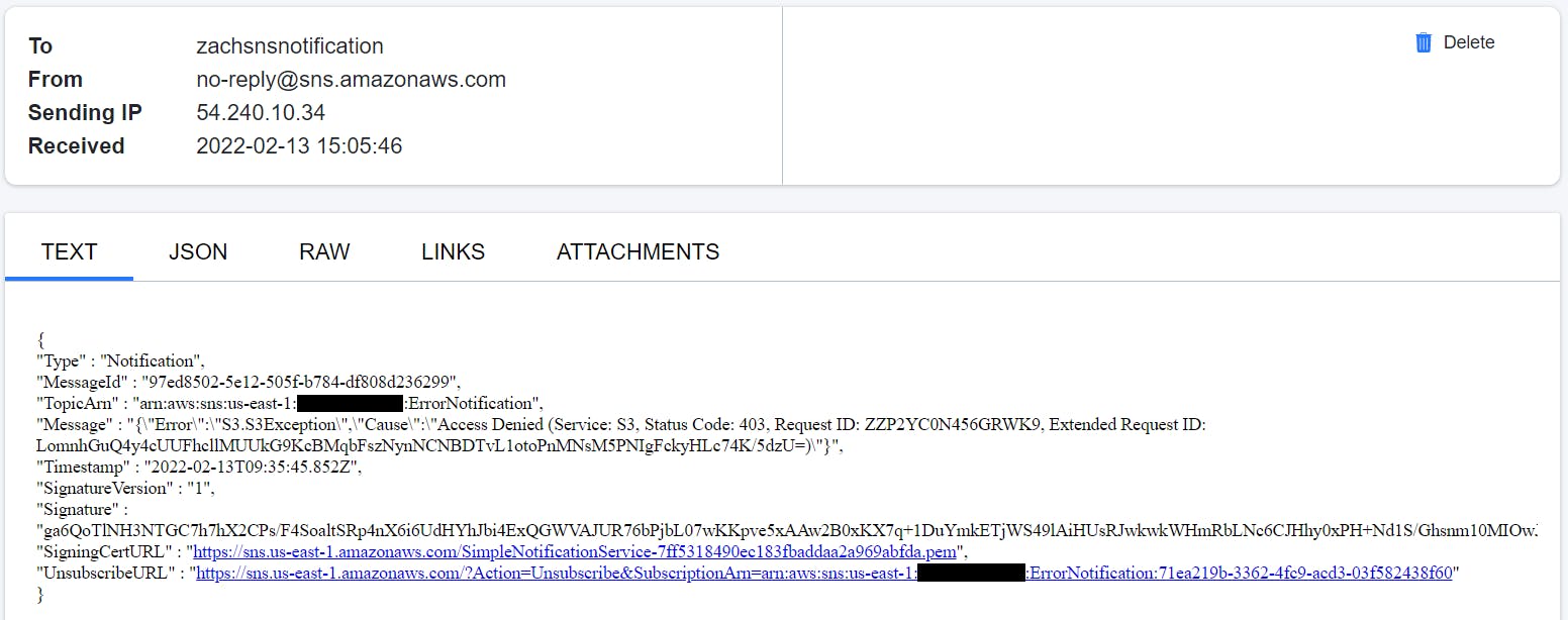 JSON based email received with S3 access denied.