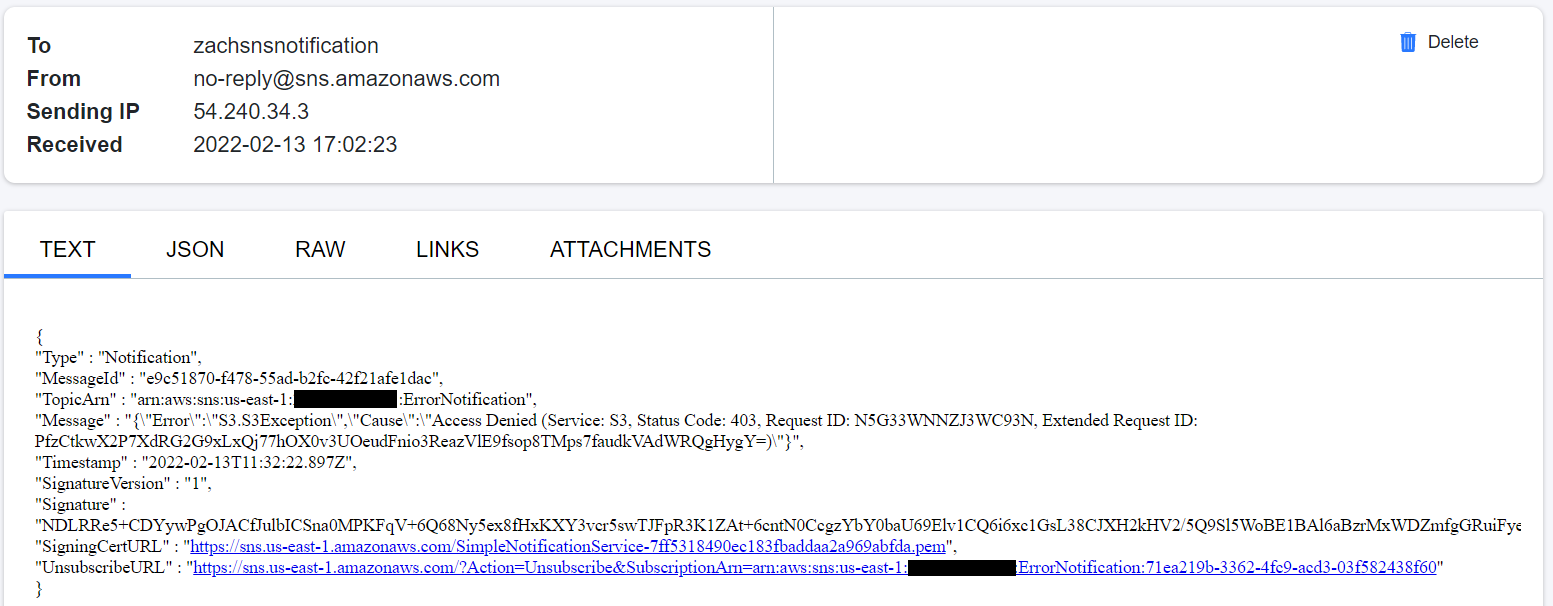 JSON based email received with S3 access denied.