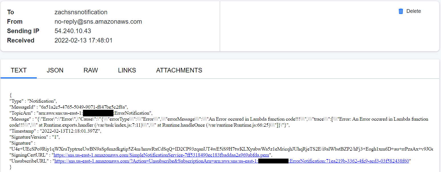 JSON based email received with Lambda function error.