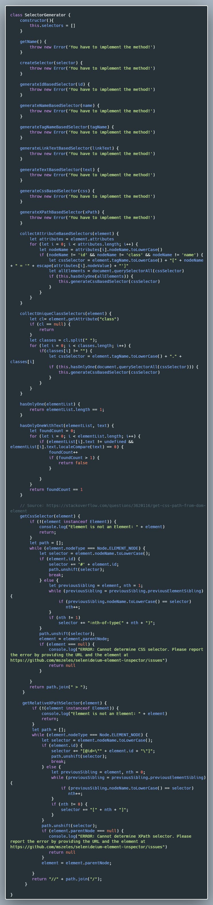 Selector Generator Class JavaScript Source Code