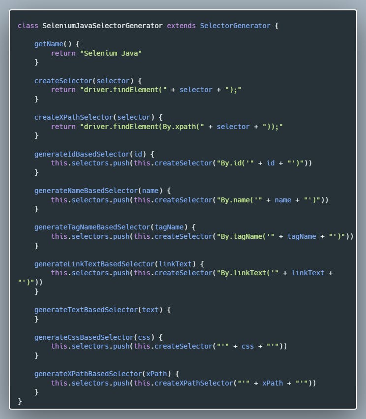 Selenium Java Selector Generator Class JavaScript Source Code