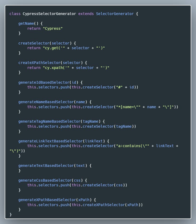 Cypress Selector Generator Class JavaScript Source Code
