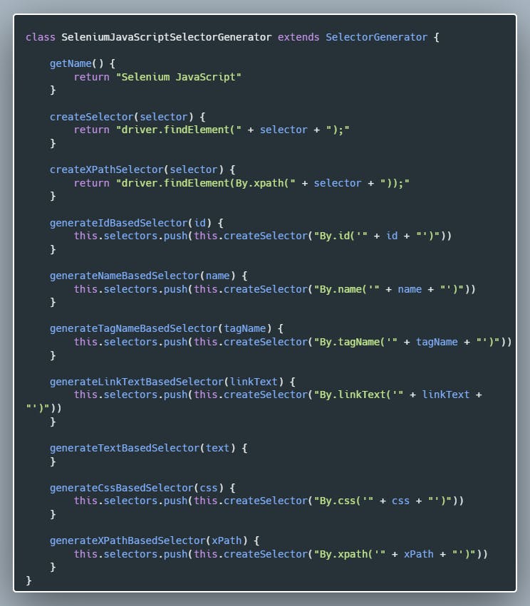 Selenium JavaScript Selector Generator Class JavaScript Source Code