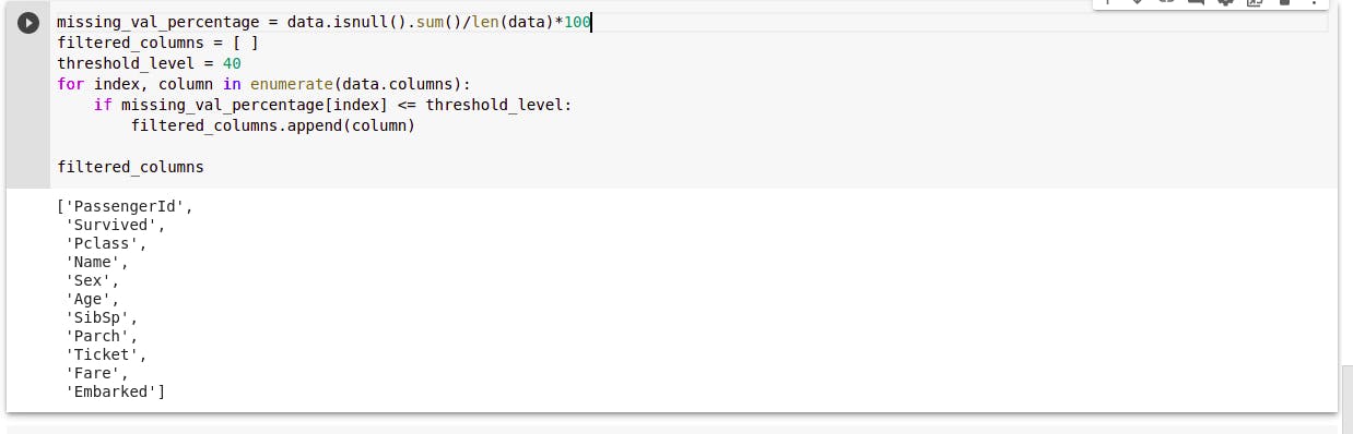 missing value ration - dimensionality reduction - threshold level