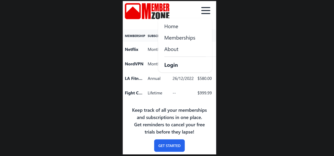 MemberZone mobile homepage with dropdown