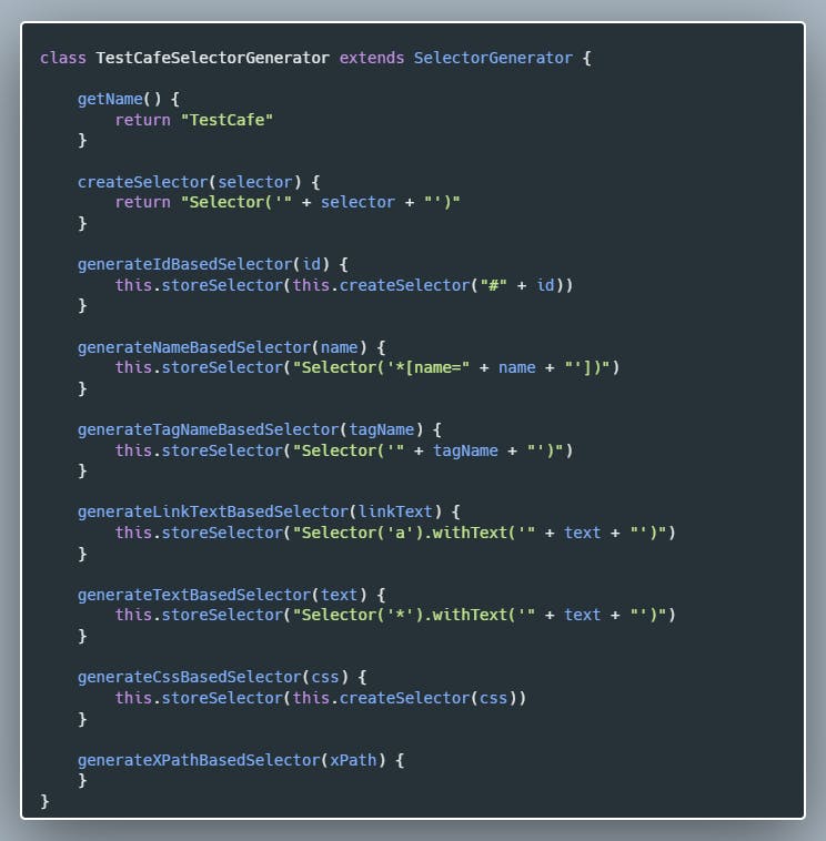 TestCafe Selector Generator Class JavaScript Source Code