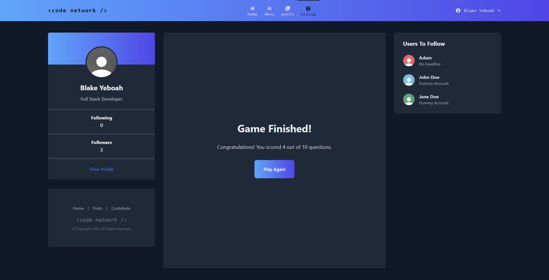 Trivia Page When Game Is Finished