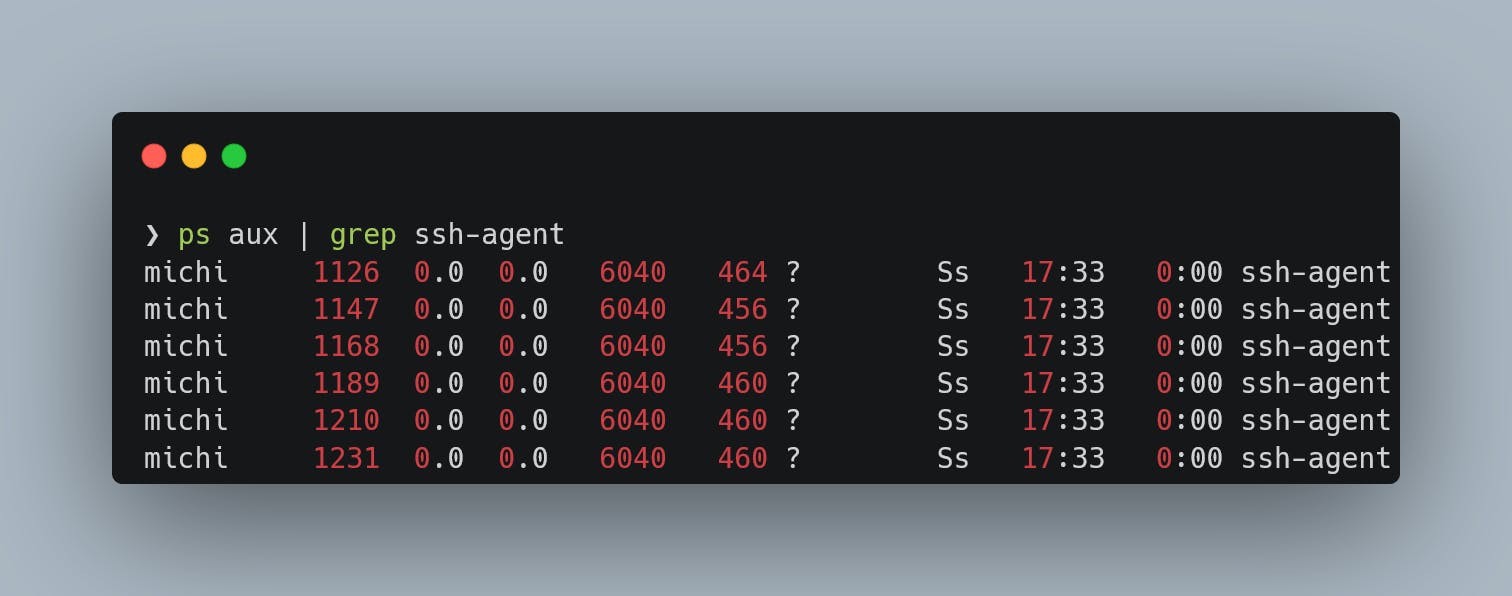 Commandline output of `ps aux | grep ssh-agent` showing multiple instances of the `ssh-agent`