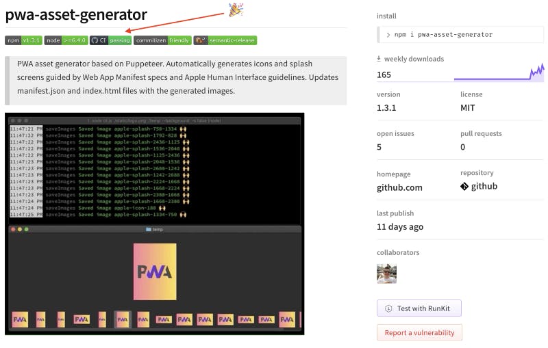 Demonstration of GitHub actions CI workflow badge on pwa-asset-generator readme