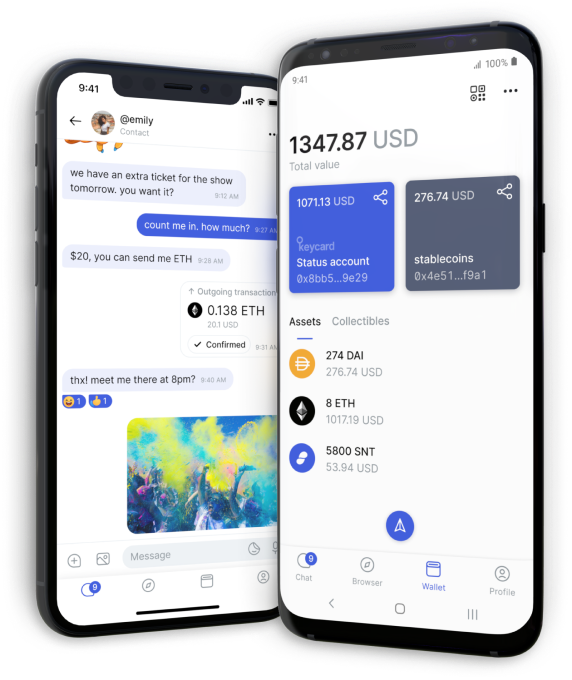 Status messaging app and crypto wallet app interface.png