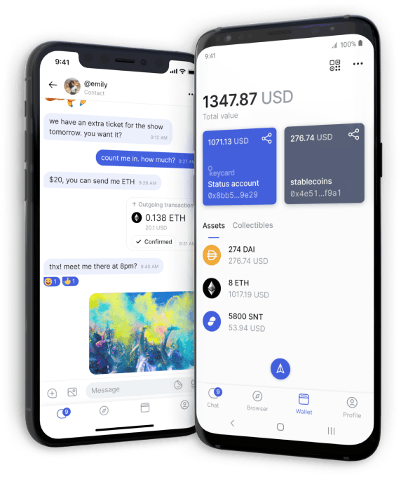 Status messaging app and crypto wallet app interface.png