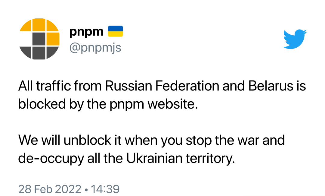 pnpm maintainer blocks russia