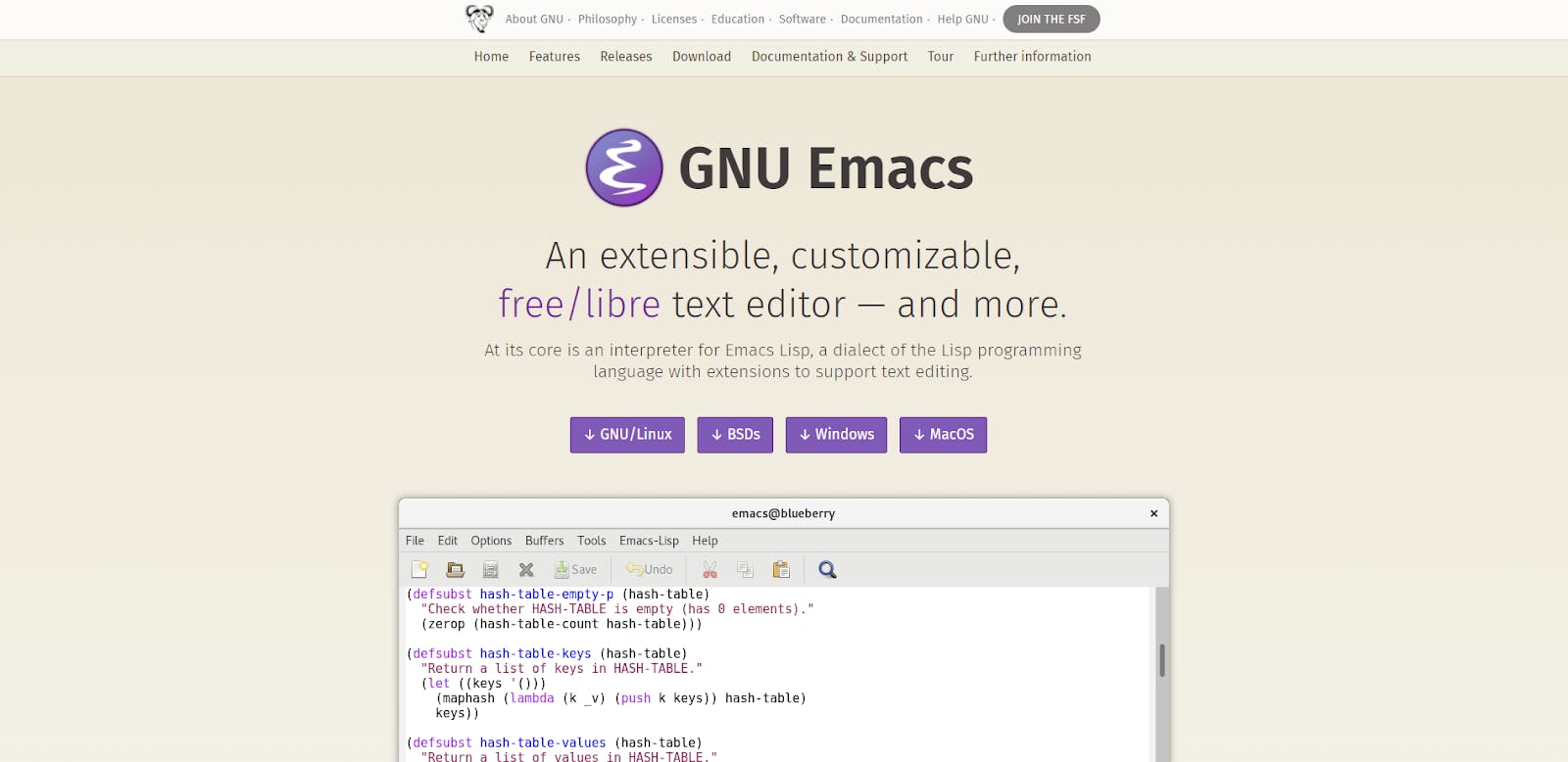 gnu emacs landing page