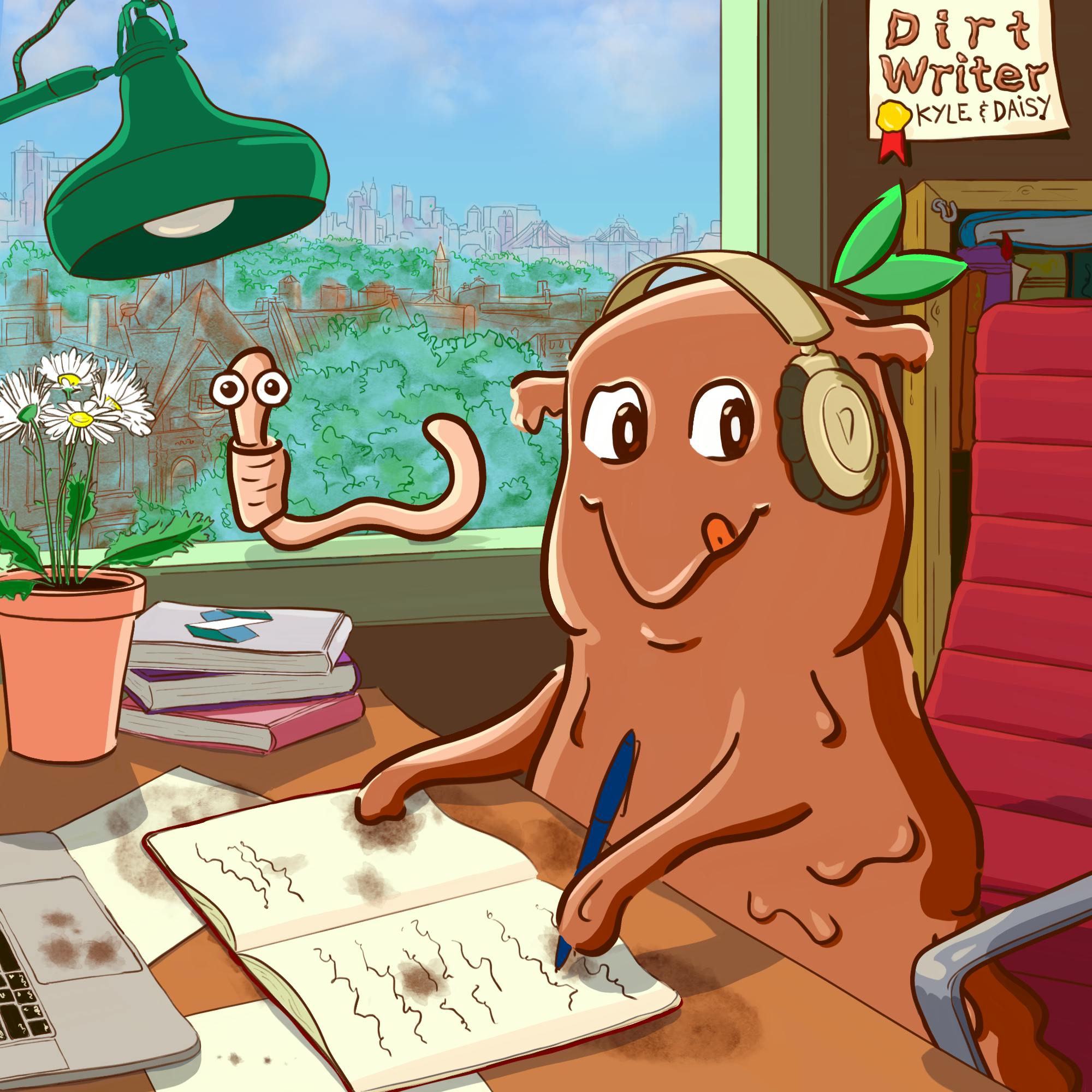 Image of a Dirt DAO NFT. [In image] Dirt mascot writes in a dirty notebook with a worm on the window sill.