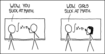 Two men at a white board with an equation on it "wow, you suck at math" A man and a woman at white board with an equation on it "wow, girls suck at math"