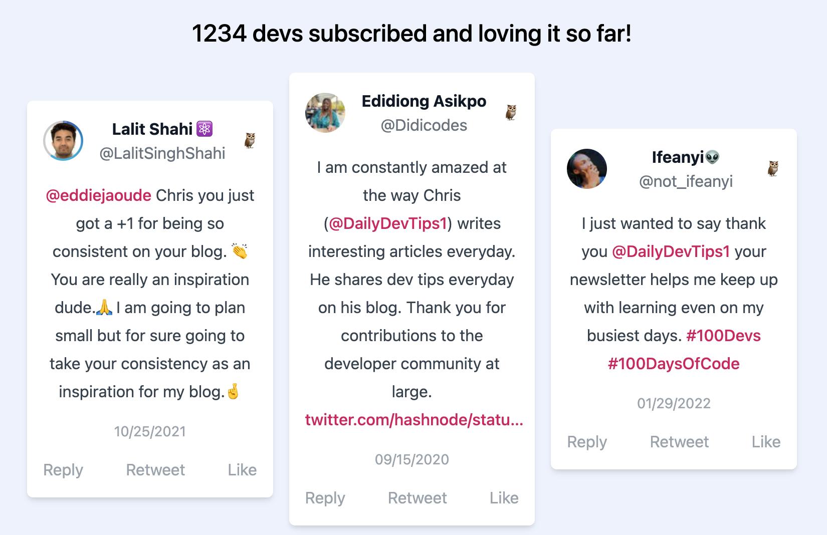 Testimonials on the Daily Dev Tips website