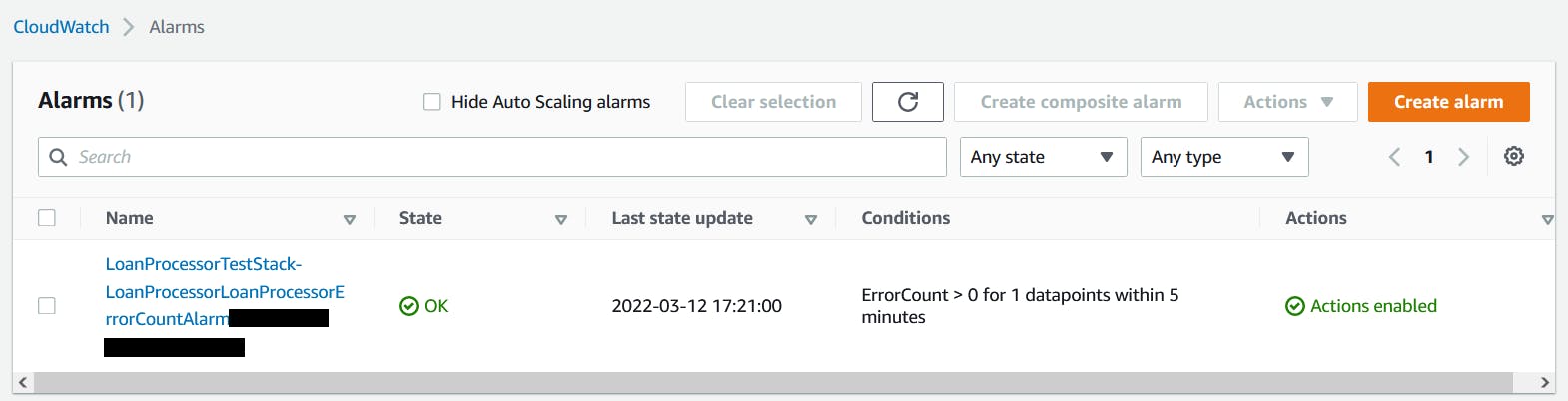 AWS Console showing CDK alarm