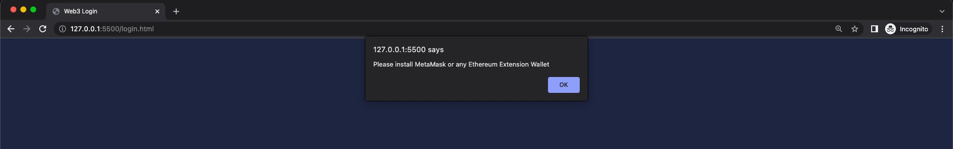 Screenshot prompting the user to install Ethereum wallet - Metamask