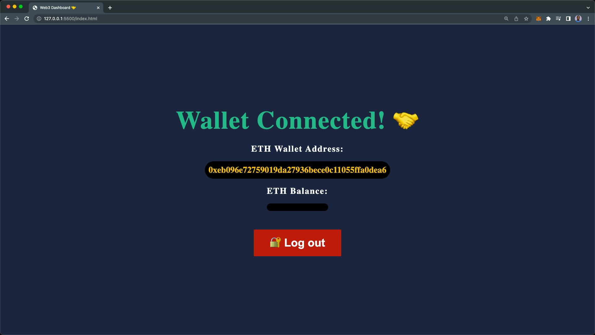 user Ethereum wallet address displayed on the dashboard after login with web3 js