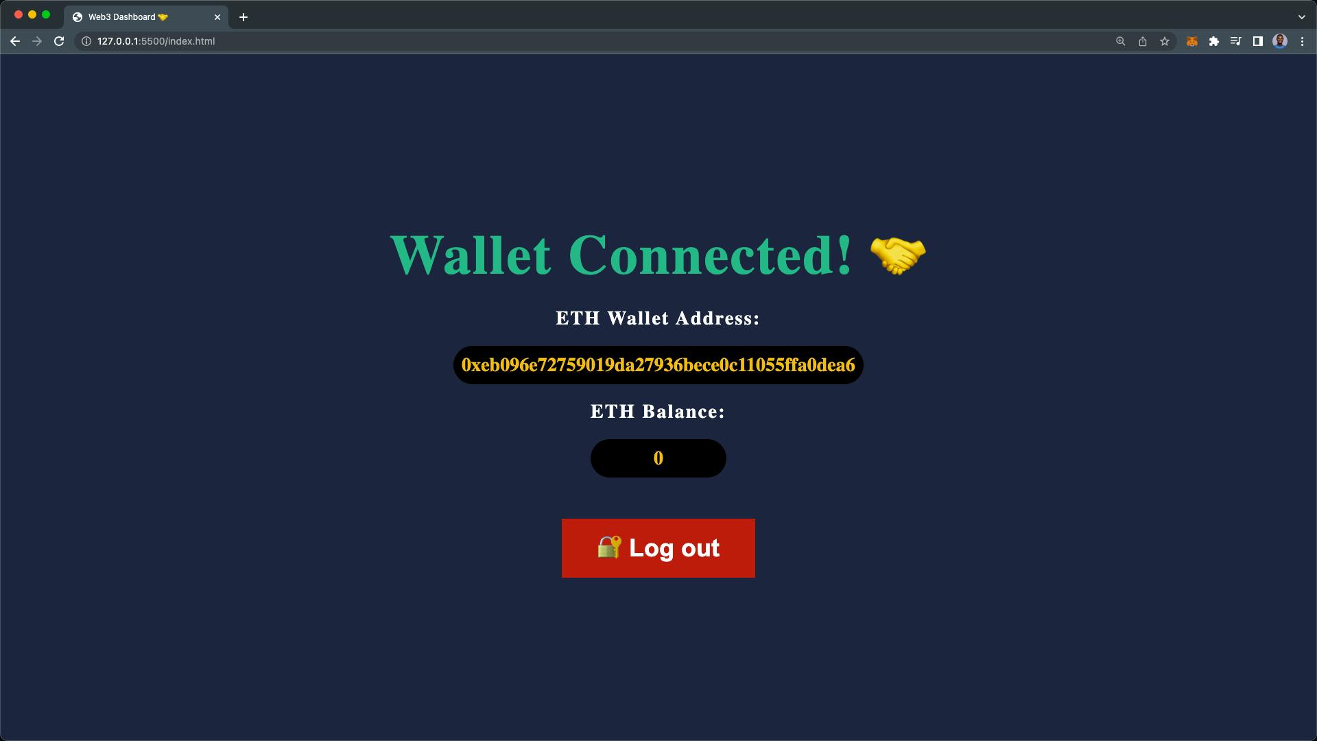 user Ethereum account balance displayed on the dashboard after login with web3 js