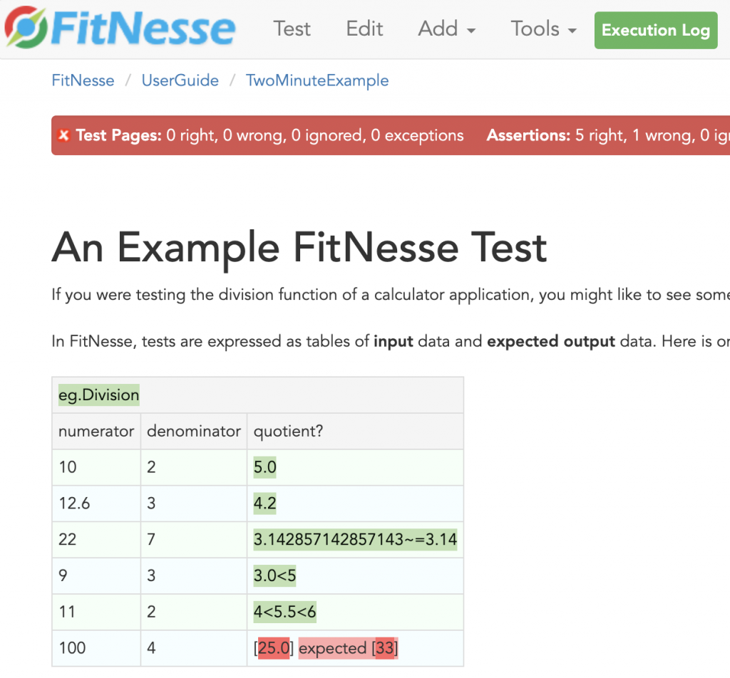 An Example FitNesse Test live results