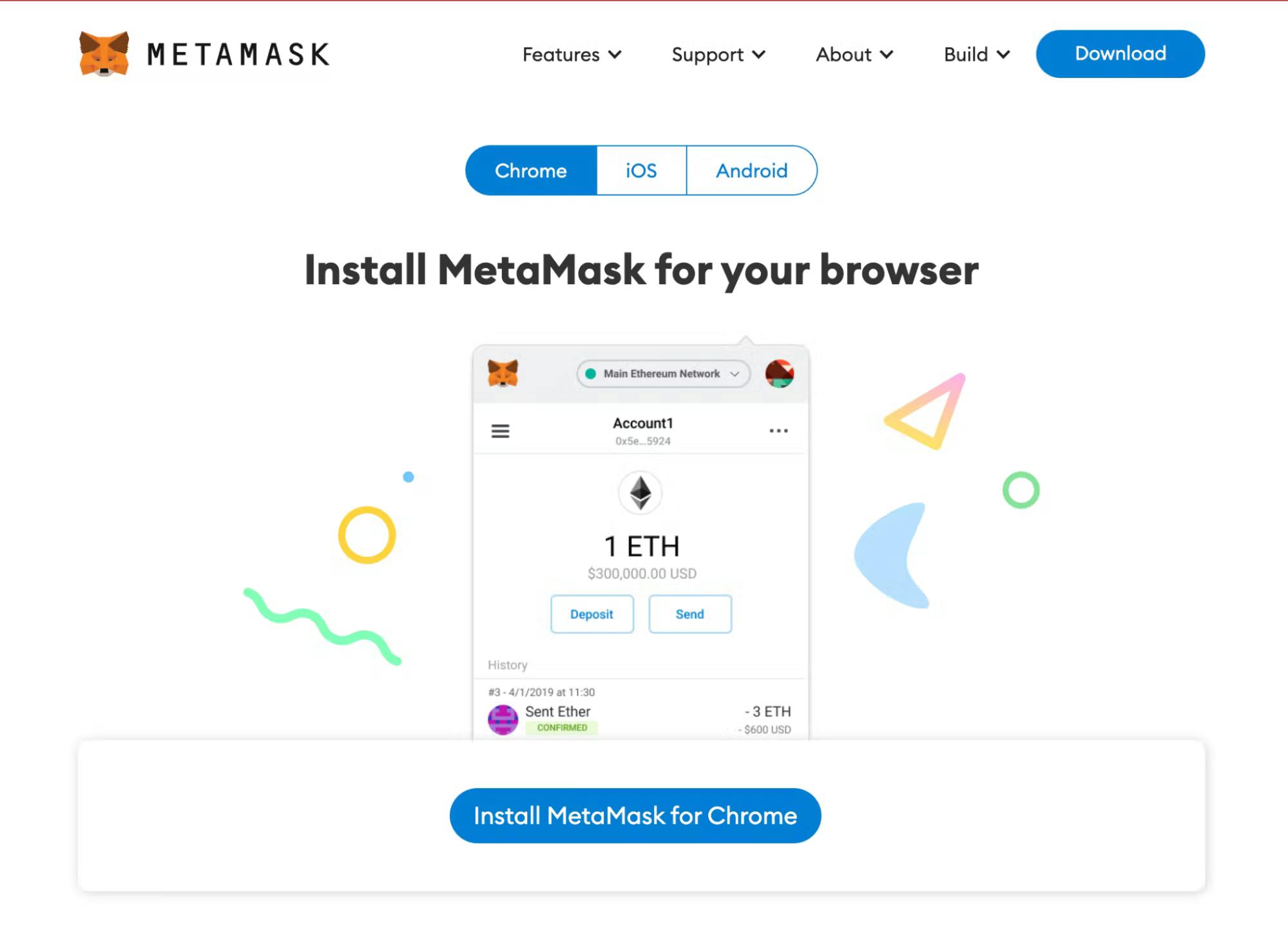 Metamask wallet official landing page to install the extension