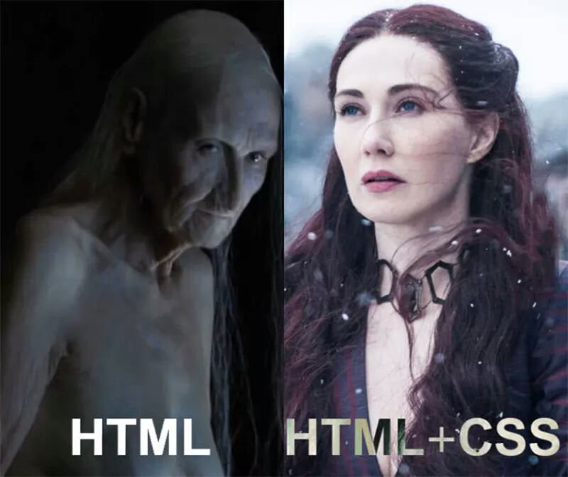 unenchanted Melisandre from game of thrones captioned HTML and enchanted Melisandre from game of thrones captioned HTML + CSS
