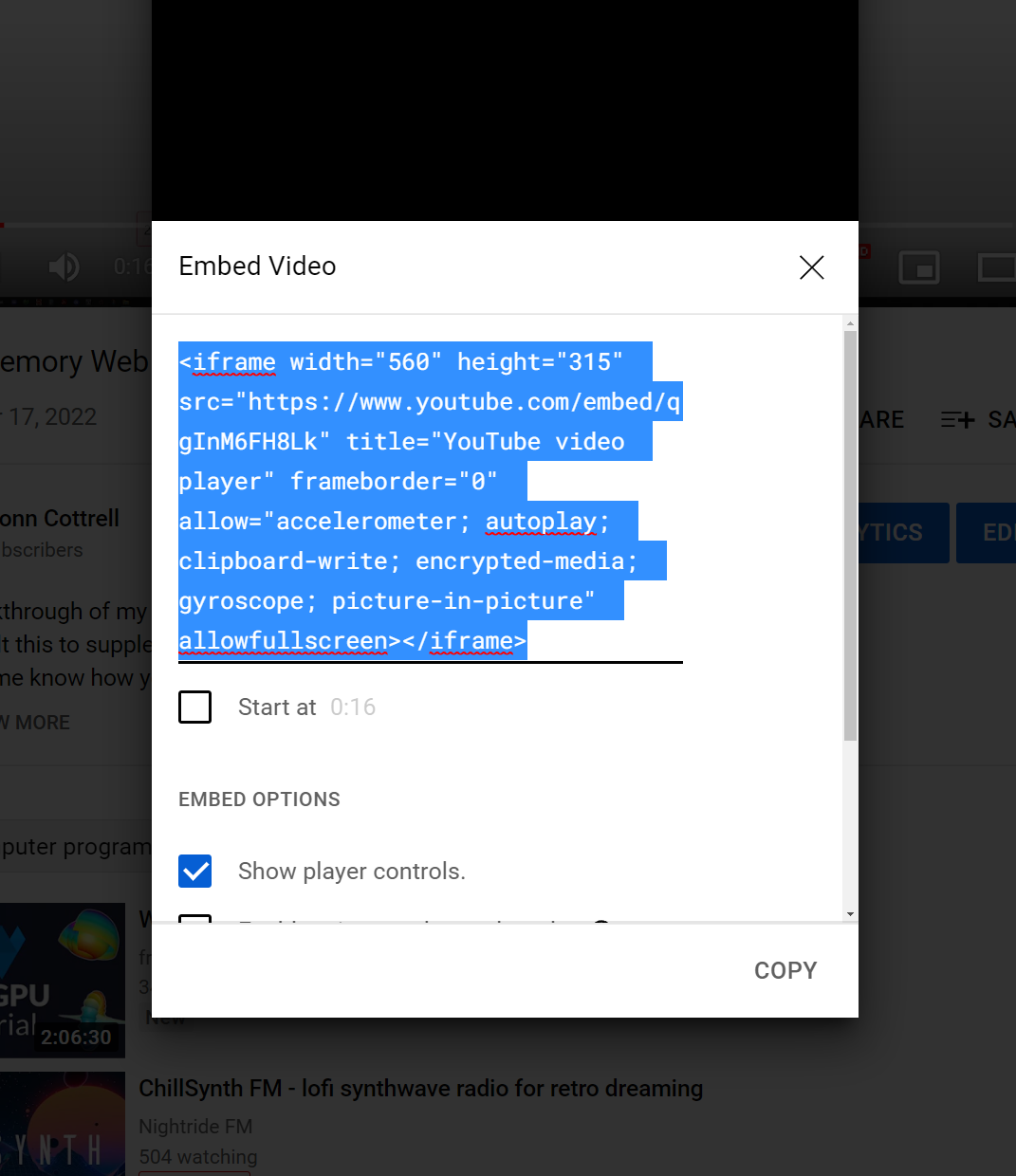 YouTube Embed Code Screenshot