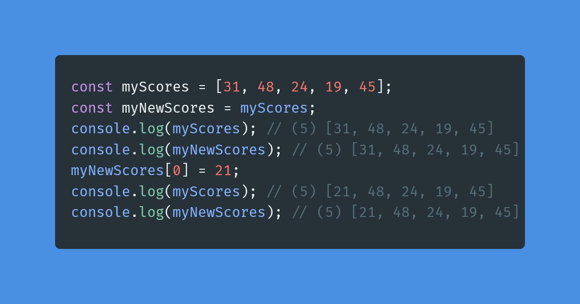 const myScores = [31, 48, 24, 19, 45];
const myNewScores = myScores;
console.log(myScores); // (5) [31, 48, 24, 19, 45]
console.log(myNewScores); // (5) [31, 48, 24, 19, 45]
myNewScores[0] = 21;
console.log(myScores); // (5) [21, 48, 24, 19, 45]
console.log(myNewScores); // (5) [21, 48, 24, 19, 45]
