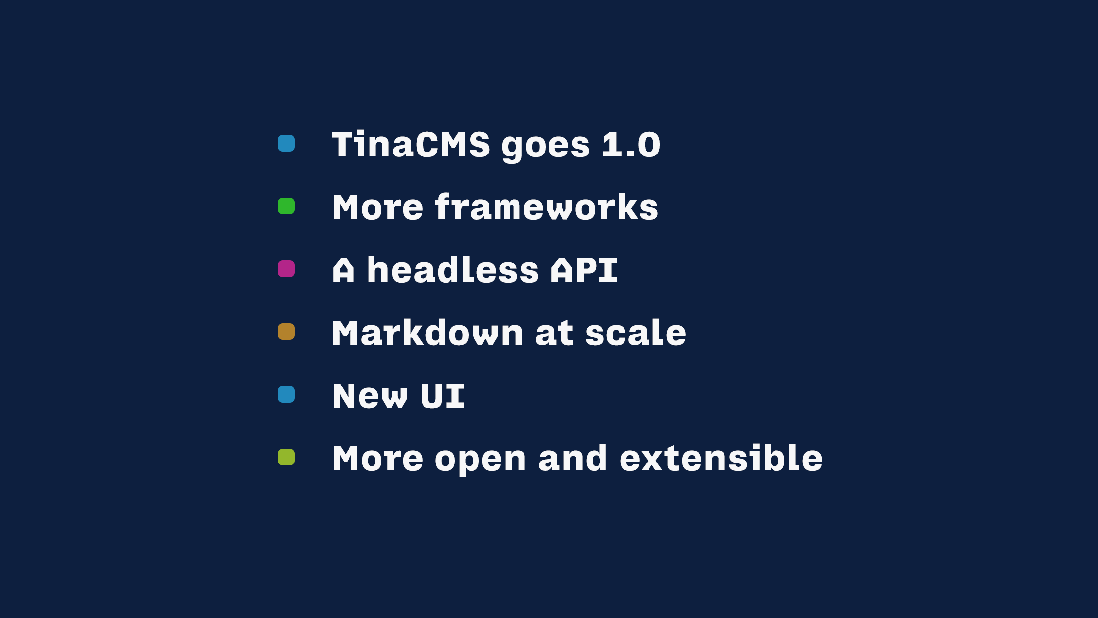 Tina launches version 1. More frameworks (Remix, Nuxt, SvelteKit, etc). A Headless API on top of your Git content. Markdown at scale. New UI. More open and more extendible