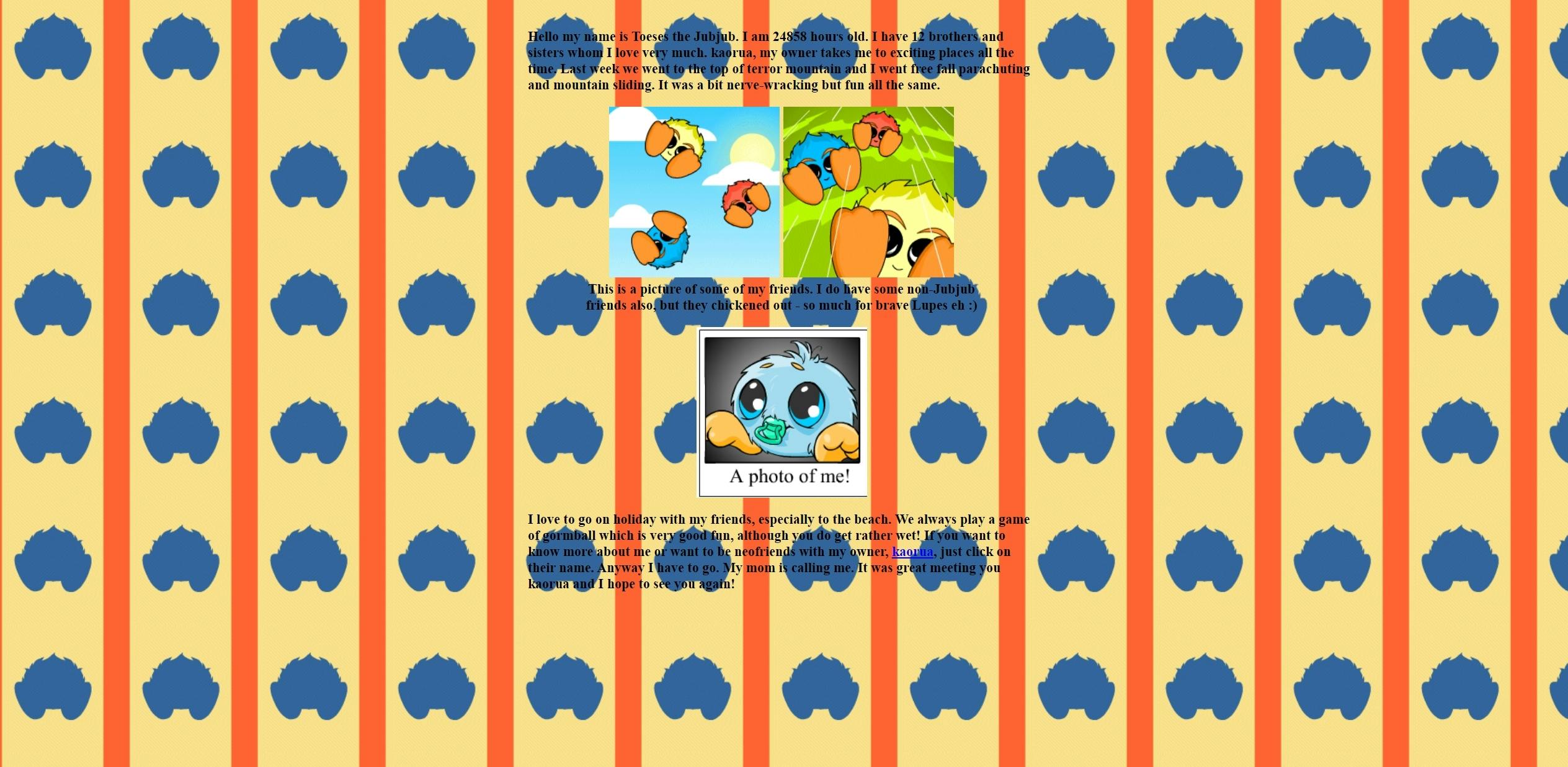 A display of what a default webpage looks like for a Neopet, from the popular website neopets.com