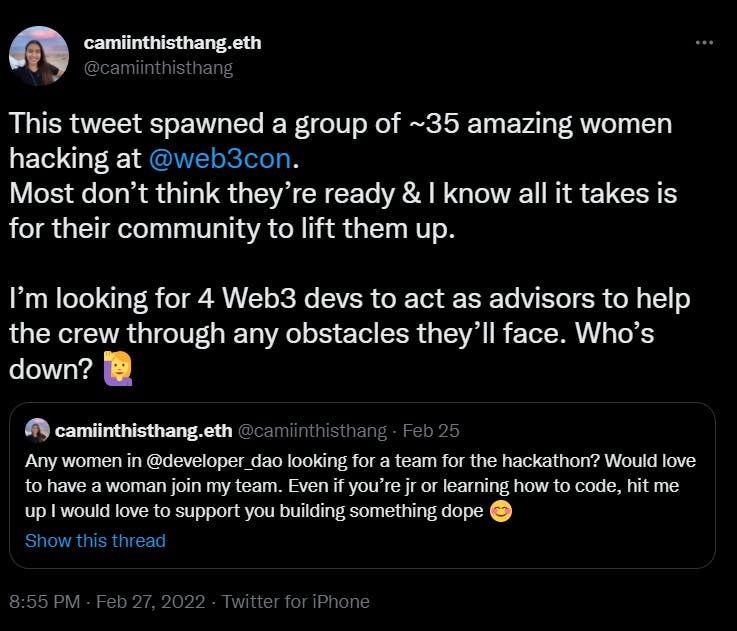 A tweet from user @[Camila Ramos](@camiinthisthang) where she talks about how one tweet that she issued ended up evolving into 35 women reaching out to find teams for the hackathon.