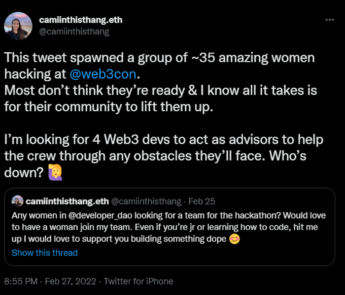 A tweet from user @[Camila Ramos](@camiinthisthang) where she talks about how one tweet that she issued ended up evolving into 35 women reaching out to find teams for the hackathon.