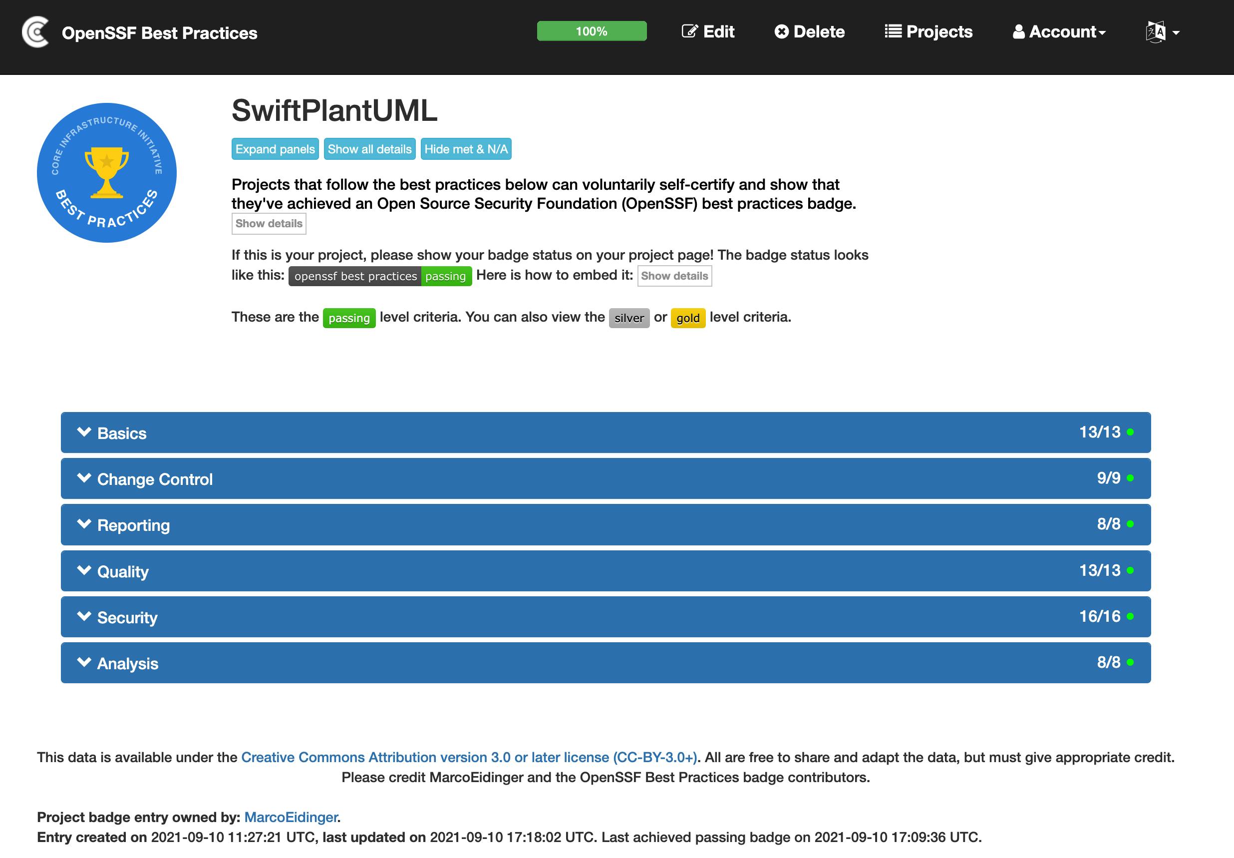 SwiftPlantUML project status with regards to OpenSSF Best Practices Badge
