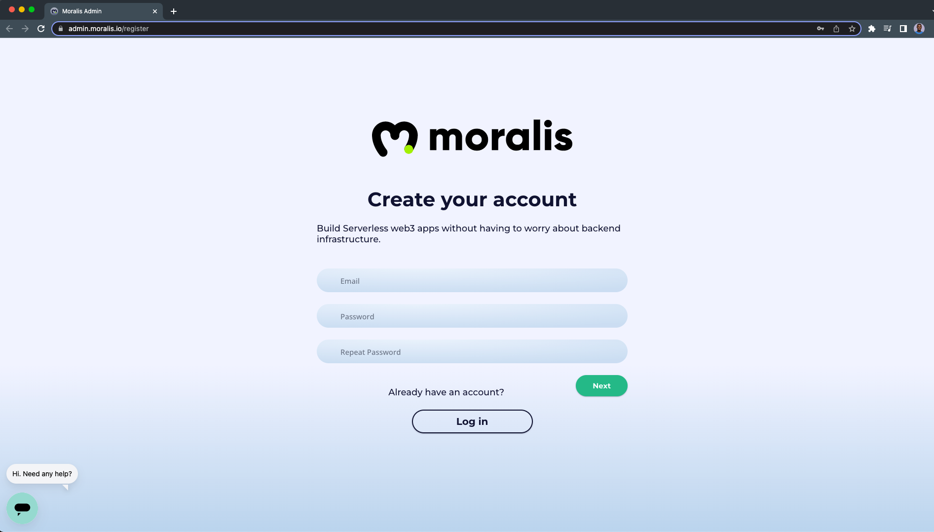 Moralis registration page - creating a Moralis account and confirm your email address