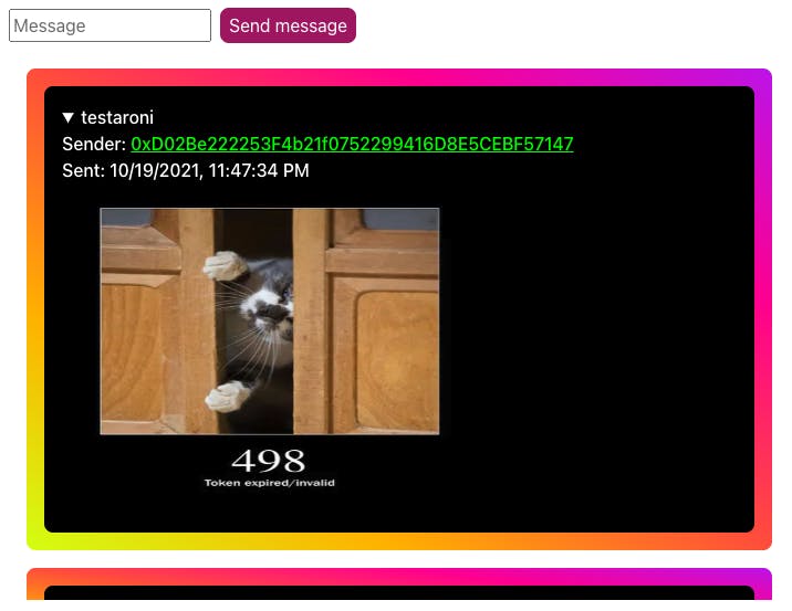 An open message on pics.iamdeveloper.com showing a picture of a cat in the message
