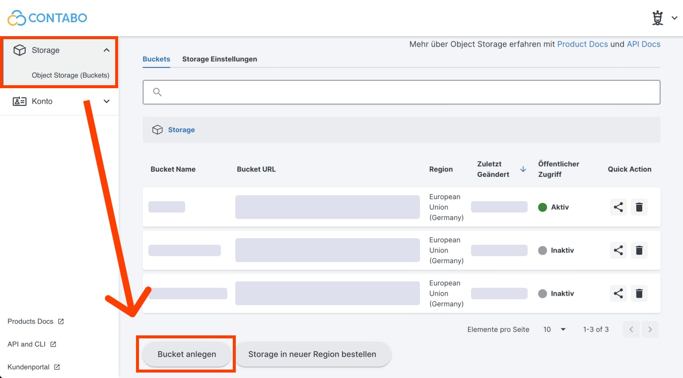 Create a new bucket for your storage in the Object Storage Panel